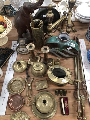 Lot 425 - Metal wares - brass candlesticks, fire dogs,...