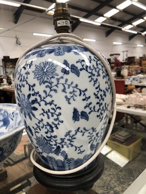 Lot 434 - A vintage blue and white lamp and a wash jug...