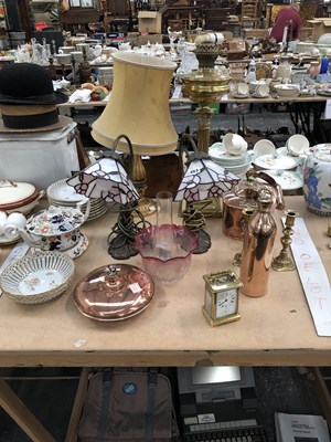Lot 453 - A pair of table lamps with leaded glass shades,...