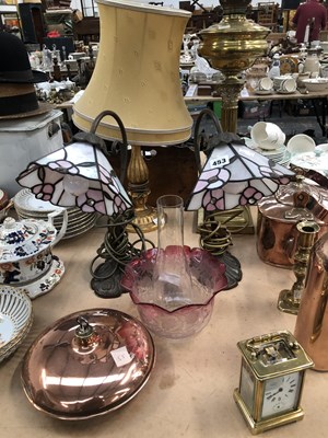 Lot 453 - A pair of table lamps with leaded glass shades,...
