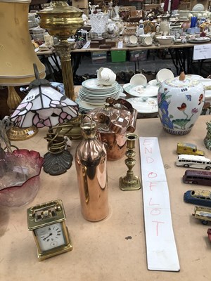 Lot 453 - A pair of table lamps with leaded glass shades,...