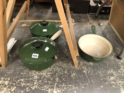 Lot 455 - Three Le Creuset green saucepans and two covers
