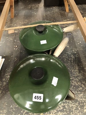 Lot 455 - Three Le Creuset green saucepans and two covers