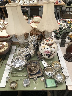 Lot 491 - A pair of glass table lamps, electroplate tea...