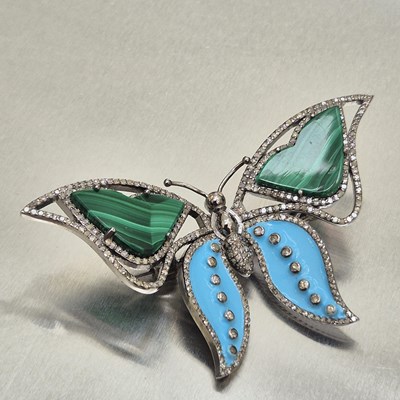 Lot 74 - A diamond, malachite, and duck egg blue enamel...