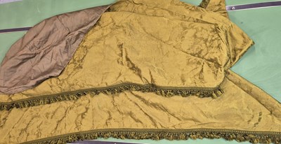 Lot 292 - Two olive green silk damask shaped pelmets. ...