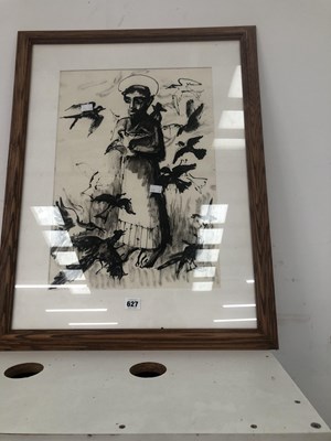 Lot 627 - A framed ink sketch of St Francis with birds