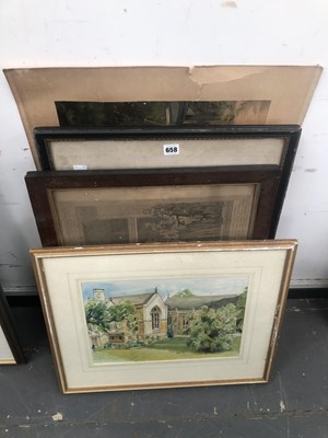 Lot 658 - A framed watercolour of a church, two maps,...