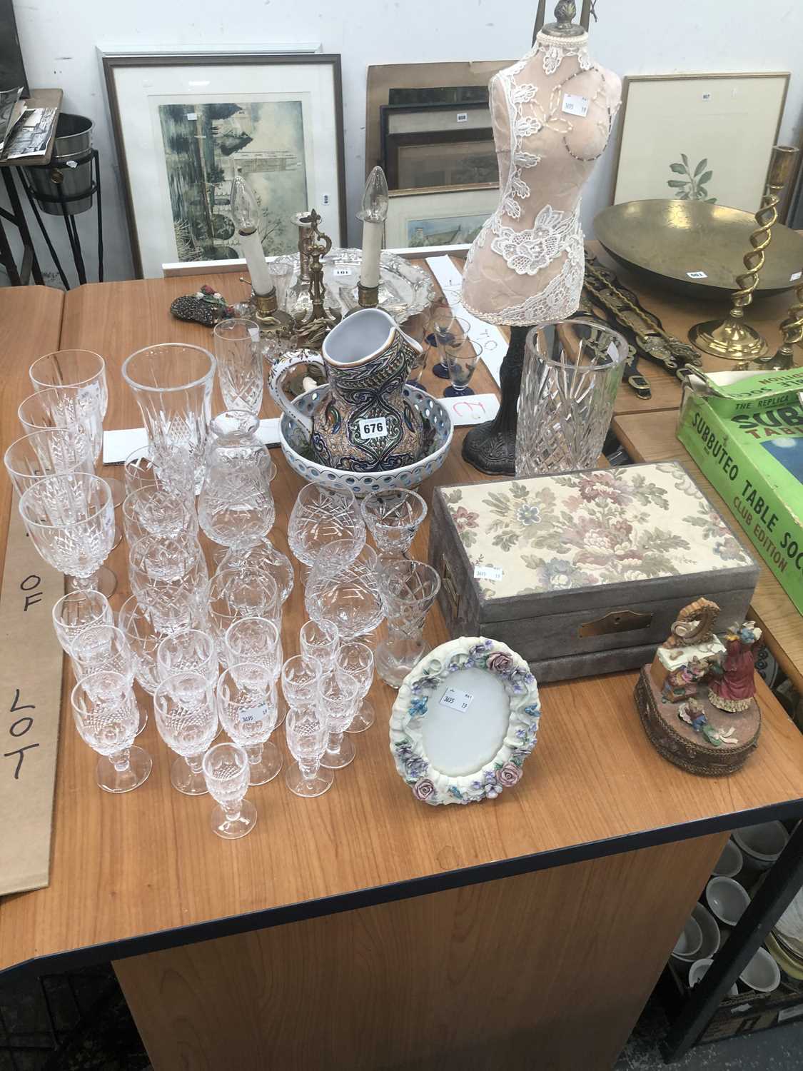 Lot 676 - Cut drinking glass, a lace covered mannequin,...