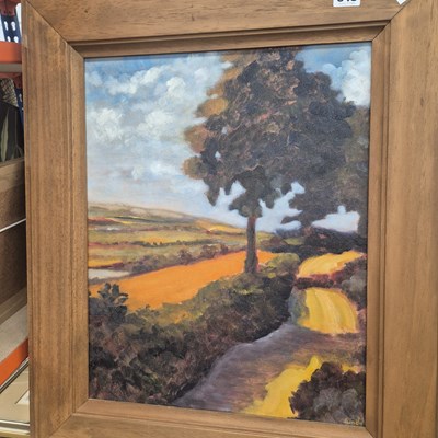 Lot 848 - An oil on board, sunlit landscape.