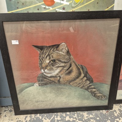 Lot 850 - A pastel study of a tabby cat and 1980s colour...