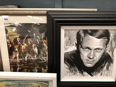 Lot 853 - A colour print of foxhounds, and a print of...