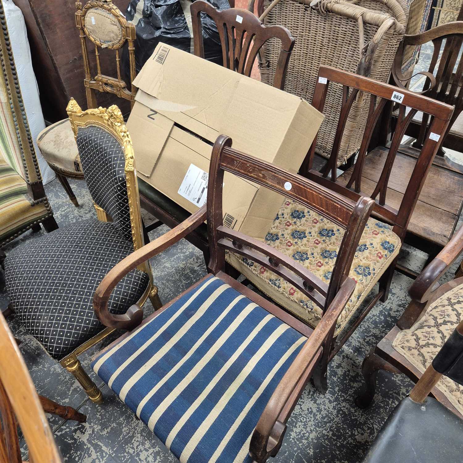Lot 862 - Two gilt decorated salon side chairs, a...