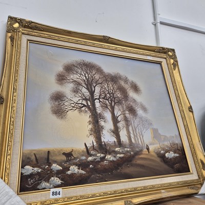 Lot 884 - A large oil on canvas "a country lane in winter."