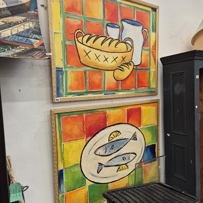 Lot 922 - Two large decorative painting, Bread & Fish.