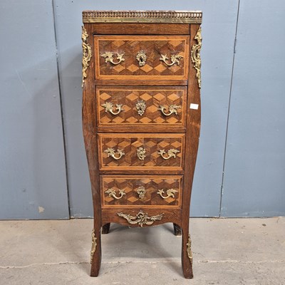 Lot 306 - A red marble topped parquetry bombe chest of...
