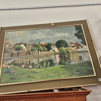 Lot 1116 - Figures by the village pond, oils on hardboard