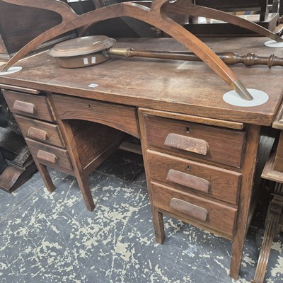 Lot 1156 - A mid 20th century oak pedestal desk. H 78 W...