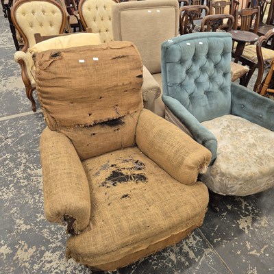 Lot 1075 - Three antique easy armchairs and an oak framed...