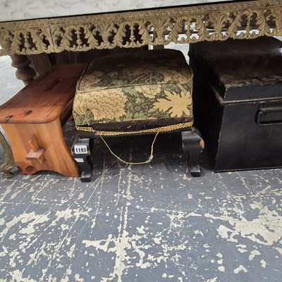 Lot 1193 - A metal strongbox together with two footstools