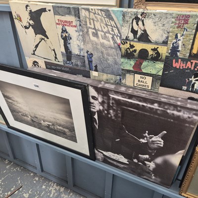 Lot 1240 - A banksy inspired print and other modern...