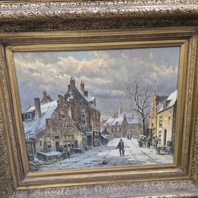 Lot 1256 - A gilt framed oil on wood panel. winter scene.