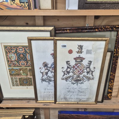 Lot 1285 - Two framed armorial prints and other pictures....