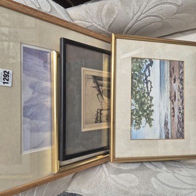Lot 1292 - A watercolour, an etching and other pictures.