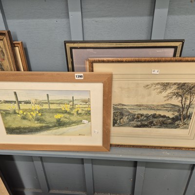 Lot 1390 - A watercolour and two prints.