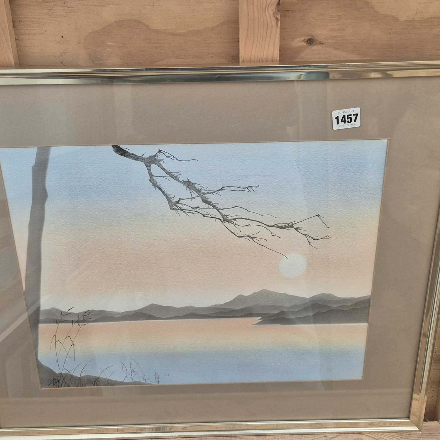 Lot 1457 - A 20th century watercolour- low sun over a...
