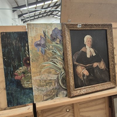 Lot 1460 - Two still life oil painting and a portrait of...