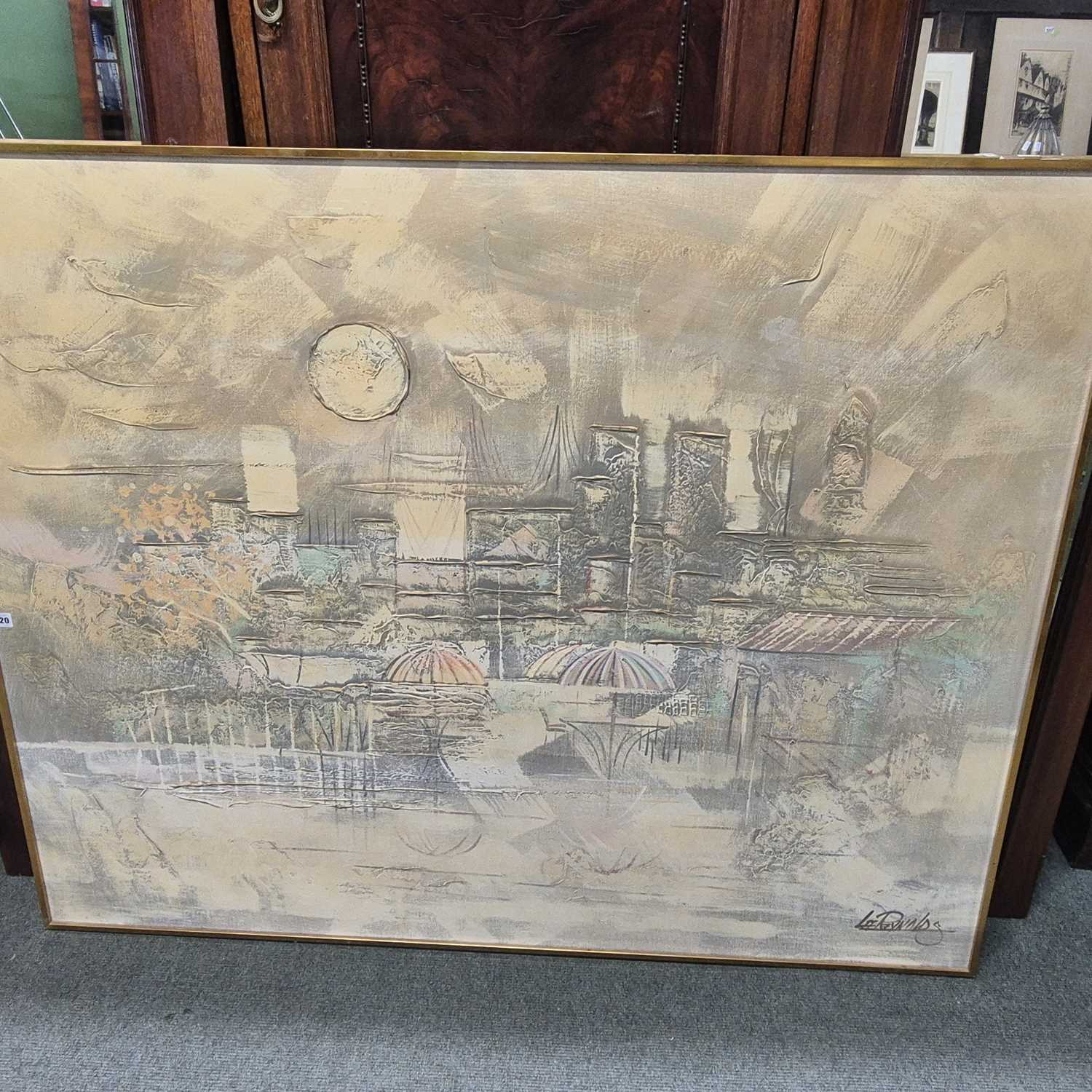 Lot 820 - A large oil painting cityscape signed Lee...