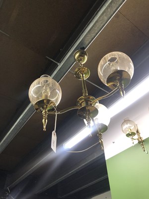 Lot 707 - A Victorian style three armed brass chandelier,...