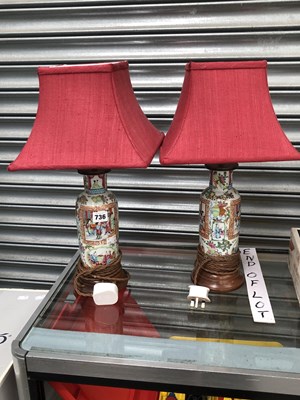 Lot 736 - A pair of Canton vases as table lamps with red...