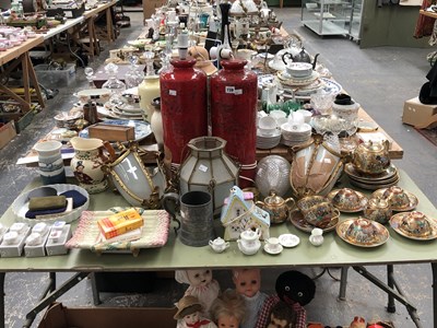 Lot 739 - Fire extinguisher form table lamps, glass...