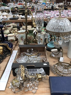Lot 744 - Glass ceiling baskets, three table lamps, a...
