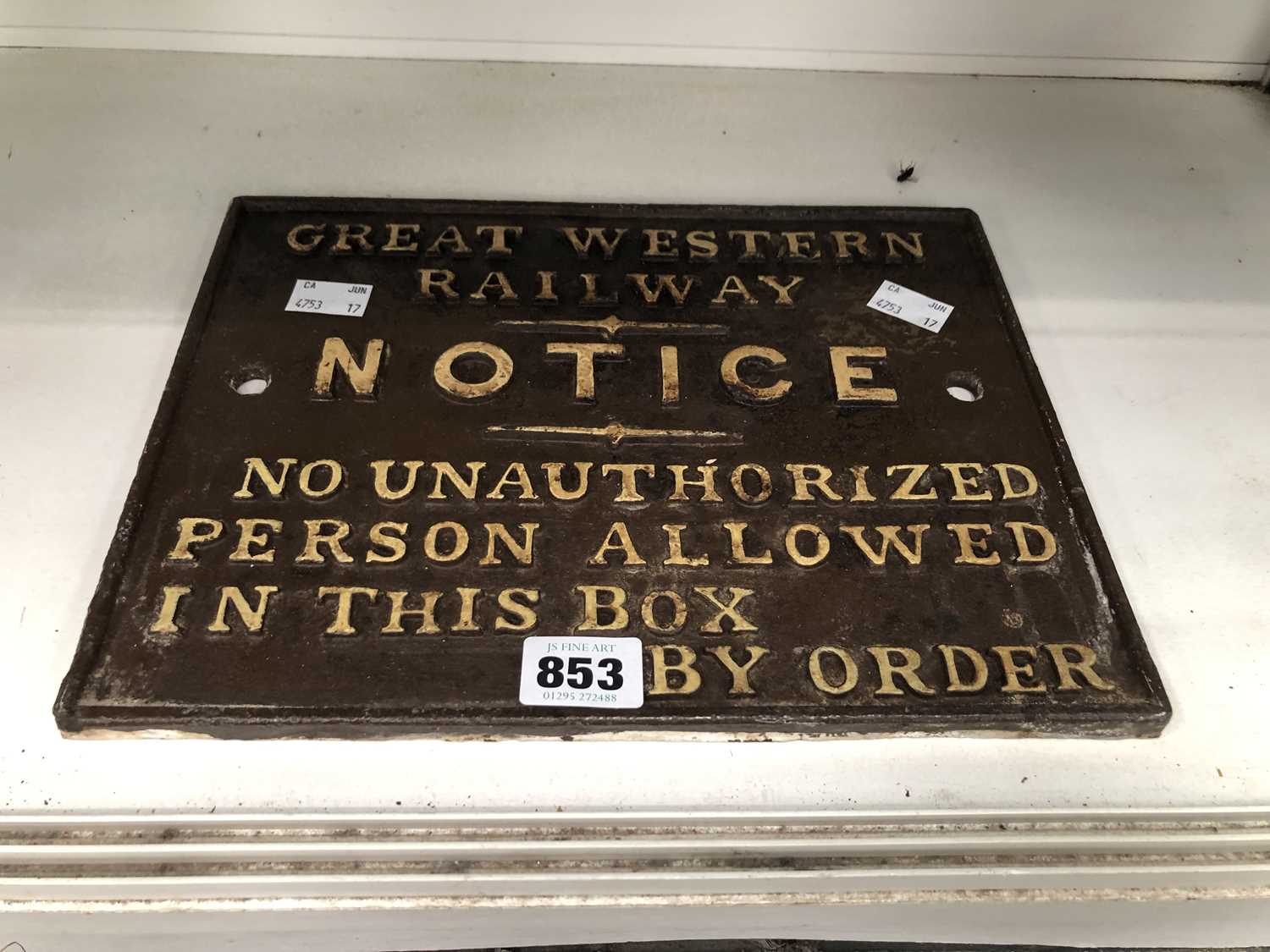 Lot 853 - An iron Great Western Railway notice