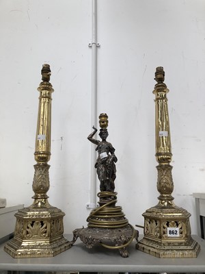 Lot 862 - A pair of brass column table lamps together...