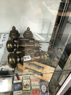 Lot 872 - A pair of GWR wall fitting brass oil lamps...