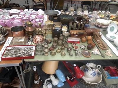 Lot 915 - A collection of brass bells, three clocks, a...