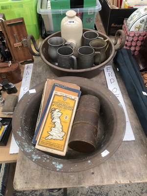 Lot 1019 - A copper jam pan, a copper bowl, pewter mugs,...