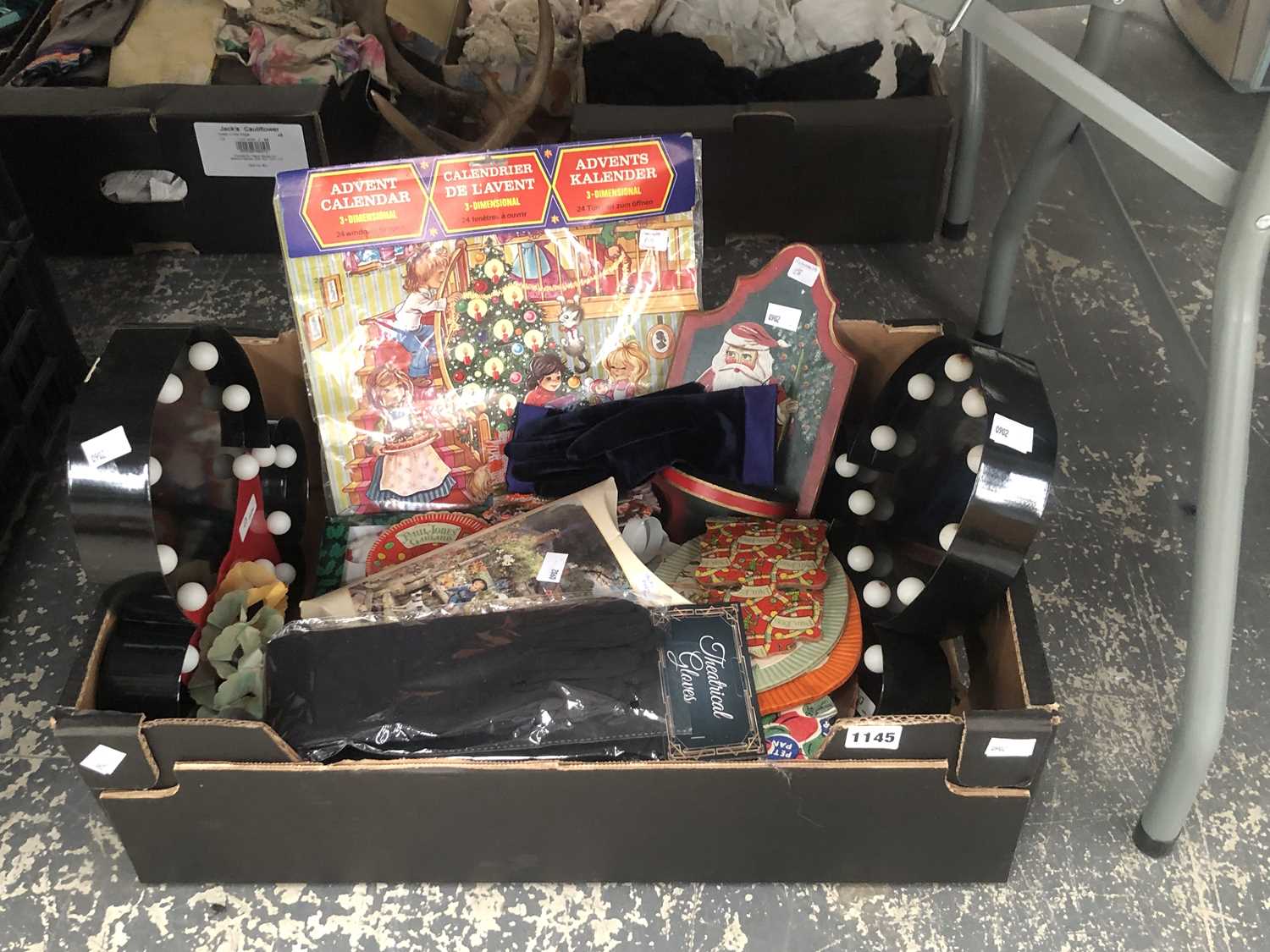 Lot 1145 - Christmas decorations, theatrical gloves, etc