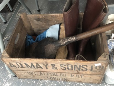 Lot 1148 - A wooden fruit box, a malt shovel, shells,...