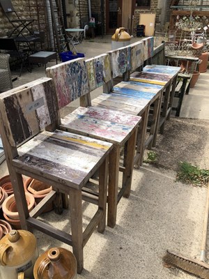 Lot 1330 - A set of six rustic high back bar stools