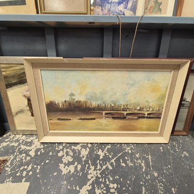 Lot 1419 - Two oil paintings, a vintage photograph and a...