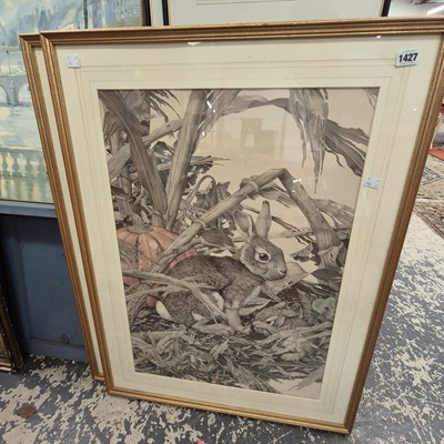 Lot 1427 - A pair of large framed prints, Rabbits and...