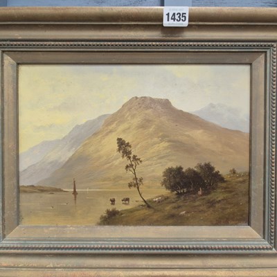Lot 1435 - Antique oil on canvas, lake and mountains with...