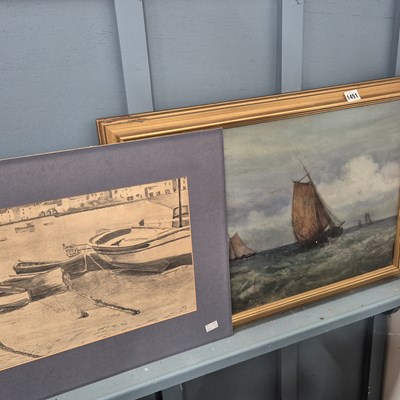 Lot 1451 - An oil painting, fishing boats at sea and...