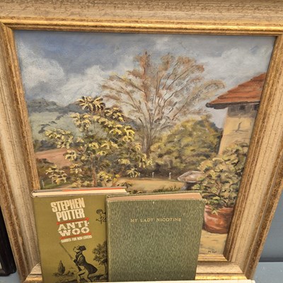 Lot 1473 - A vintage oil on board and two books- "anti...