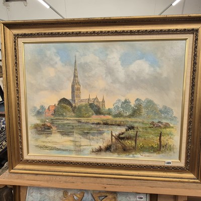Lot 1489 - A large oil painting - Salisbury cathedral